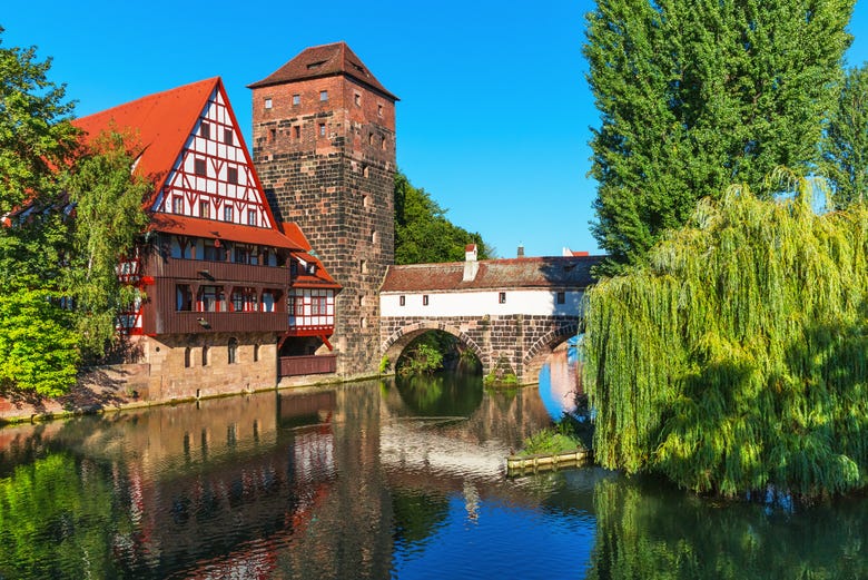 Picturesque Nuremberg buildings on the banks of the Pegnitz