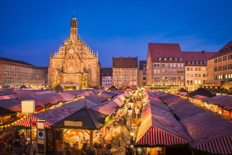 A Christmas market at night