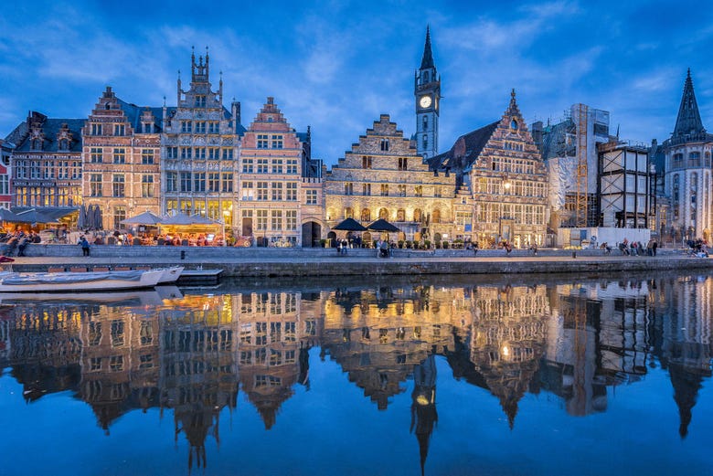 Panorama of the Graslei quay in Ghent