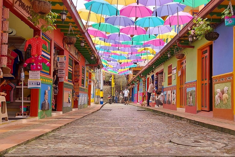 Colorful umbrellas in the streets of Guatapé