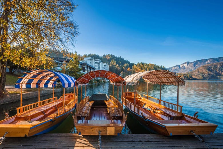 Barcos pletna nas margens lago Bled