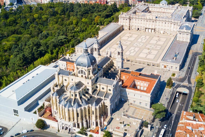 An aerial view of the Royal Palace and the Almudena