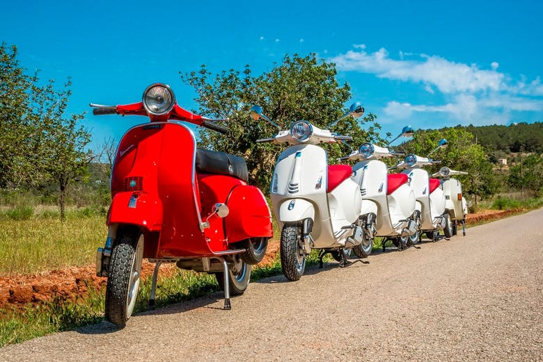 Vespas lined up ready for the Ibiza tour