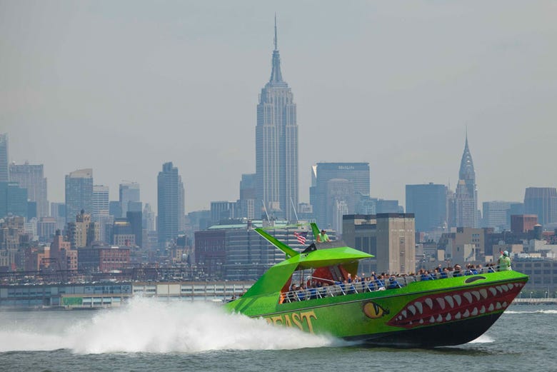 The Beast speedboat in front of the New York skyline