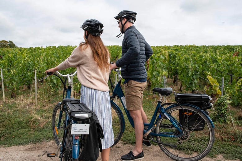 Riding an electric bicycle next to the vineyards