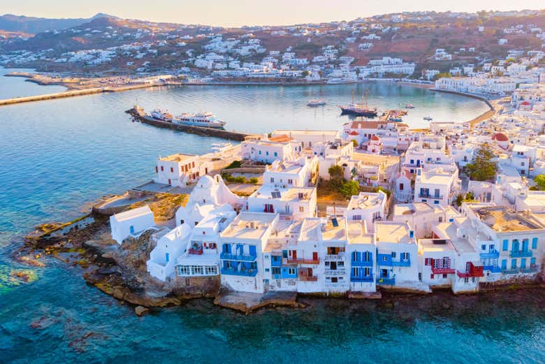 The Greek island of Mykonos seen from above