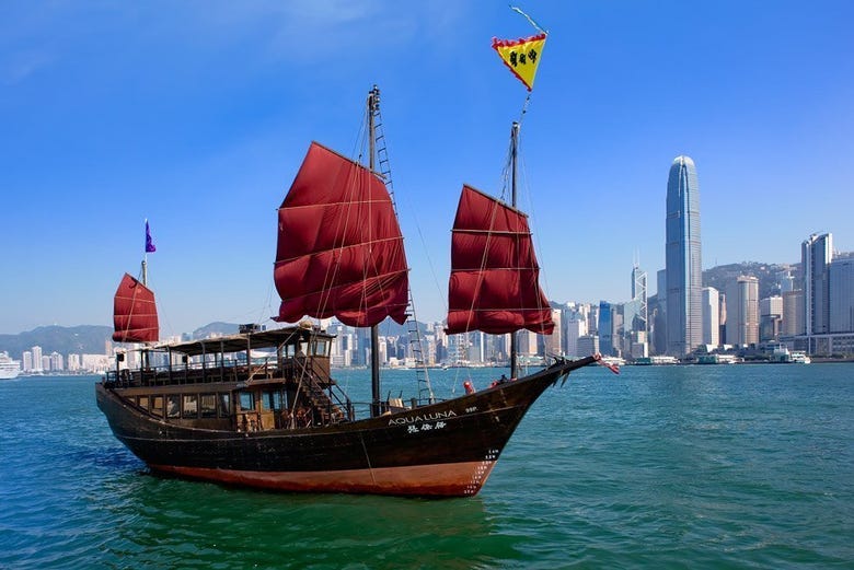 Aqua Luna junk ship sailing around Hong Kong