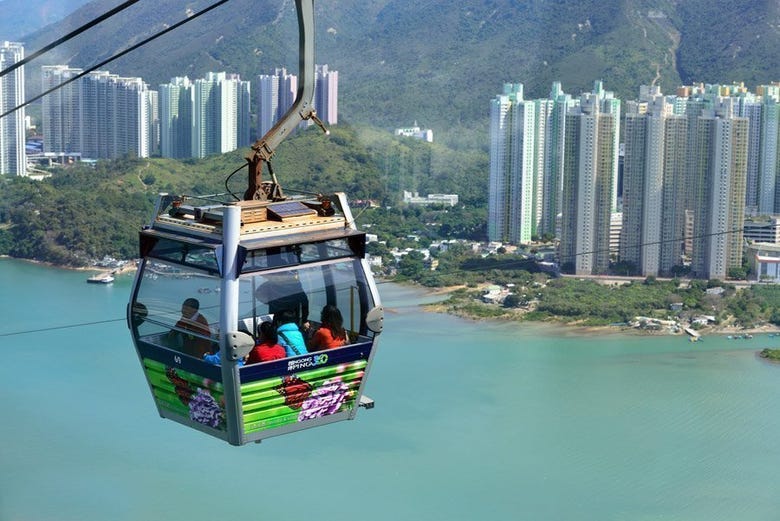 Flying up to Ngong Ping in the cable car