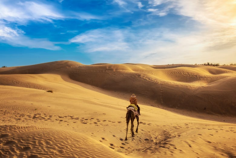 Andando de camelo no deserto