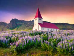 Vik church at sunset