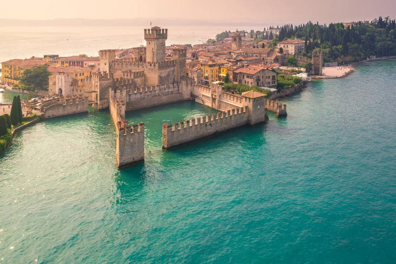 Panoramic view of Sirmione Castle on Lake Garda