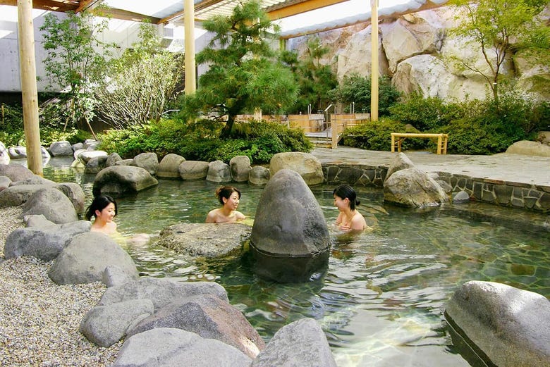 Enjoying the hot springs at Ooedo Onsen Monogatari