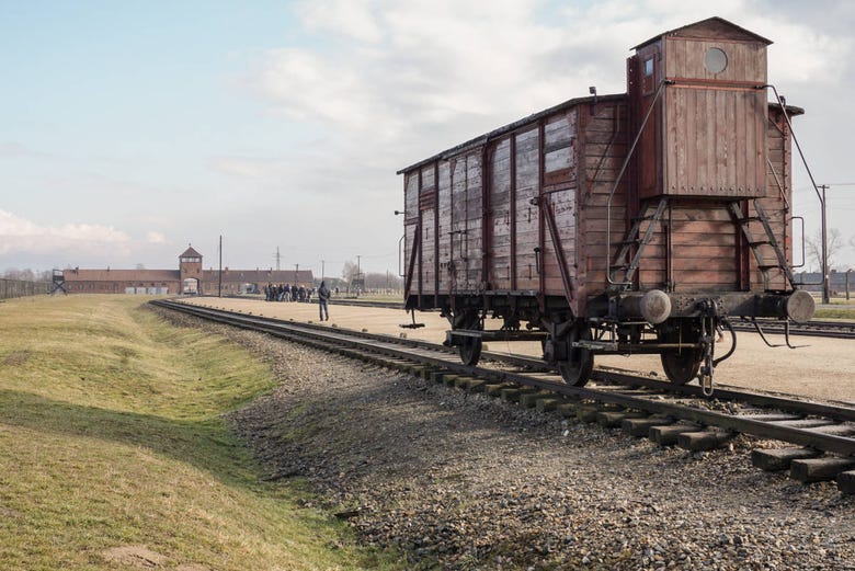 Train tracks at the entrance to Auschwitz-Birkenau