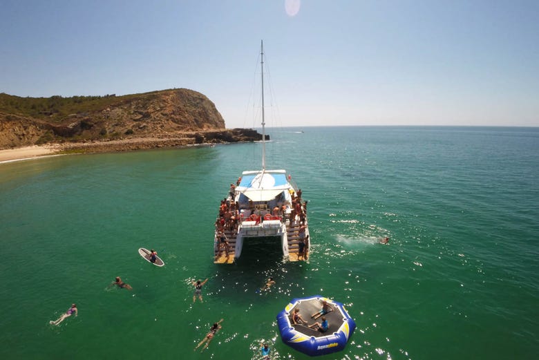 Cruising around Praia da Luz in a catamaran